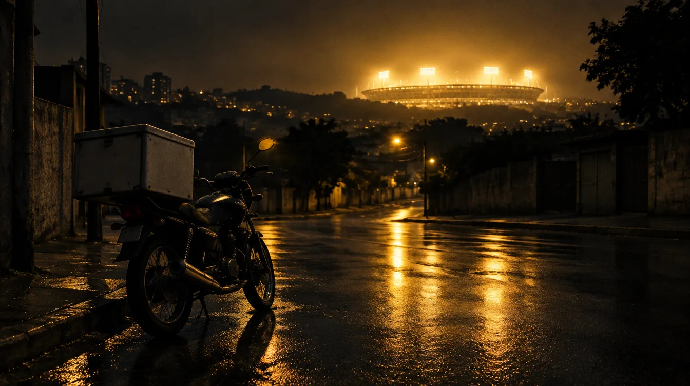 Moto de entrega estacionada numa rua molhada à noite, com os refletores de um estádio acesos ao fundo