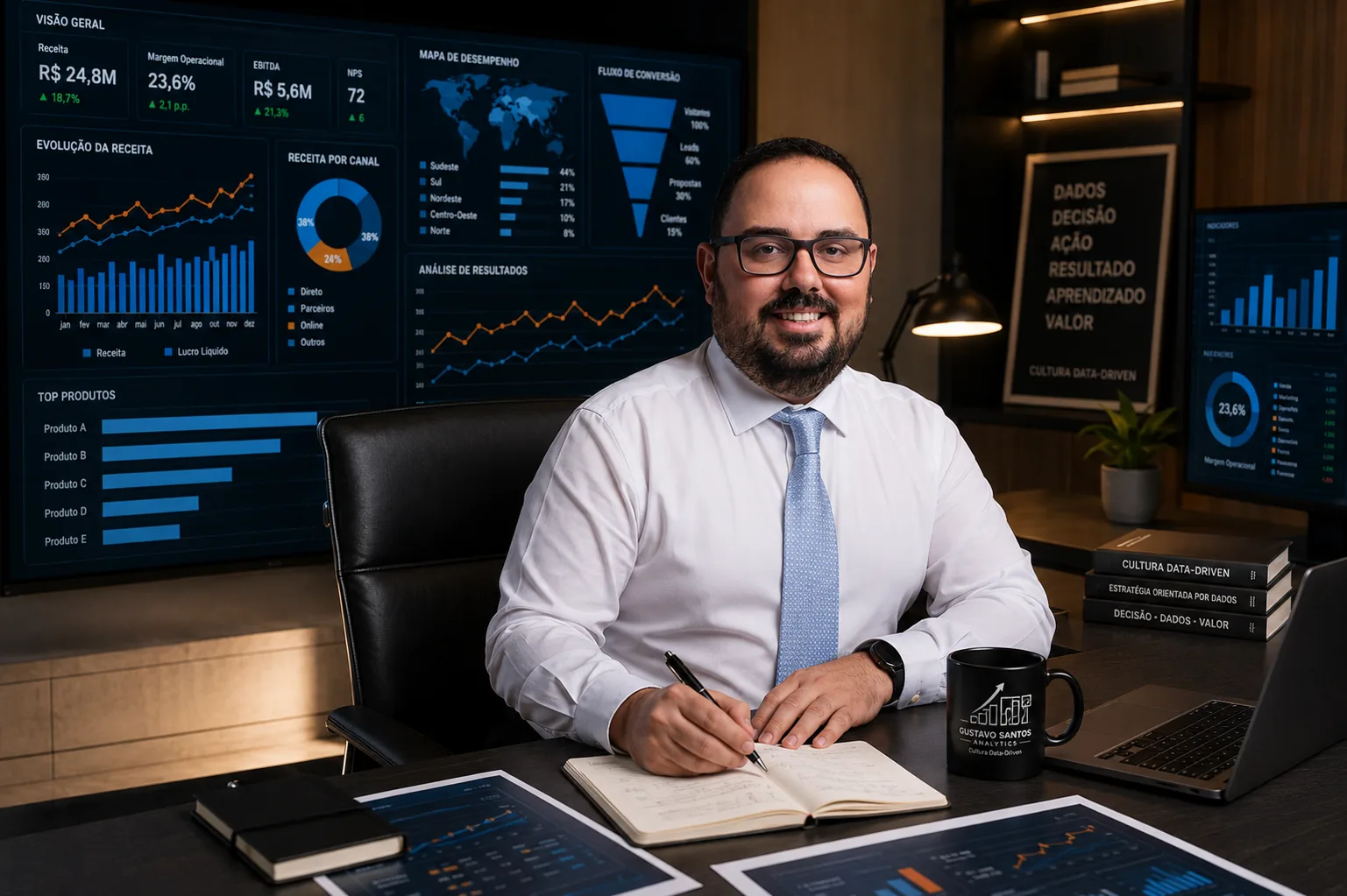 Gustavo Santos em ambiente executivo com dashboards, livros e materiais de análise